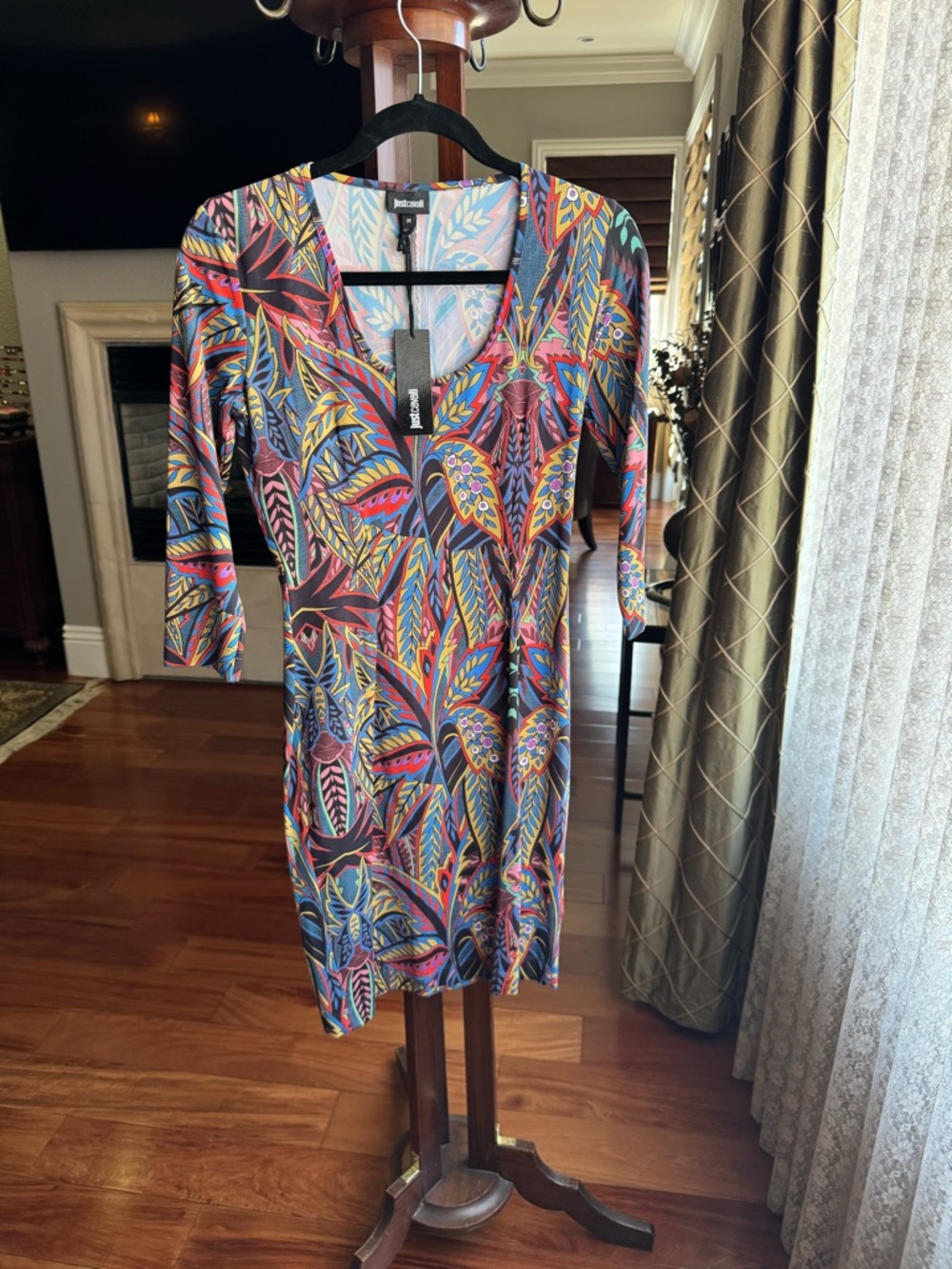 Just Cavalli Multicolor Leaf-Print Long Sleeve Dress - Blue, Pink, Yellow, Green